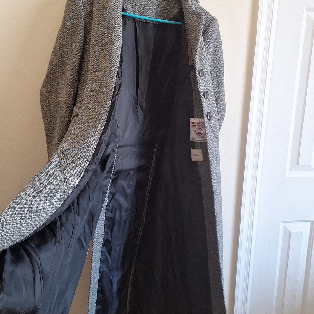 Vintage Harris Tweed Longline Trench Coat Gray Herringbone Handwoven Wool Size M - Picture 13 of 13
